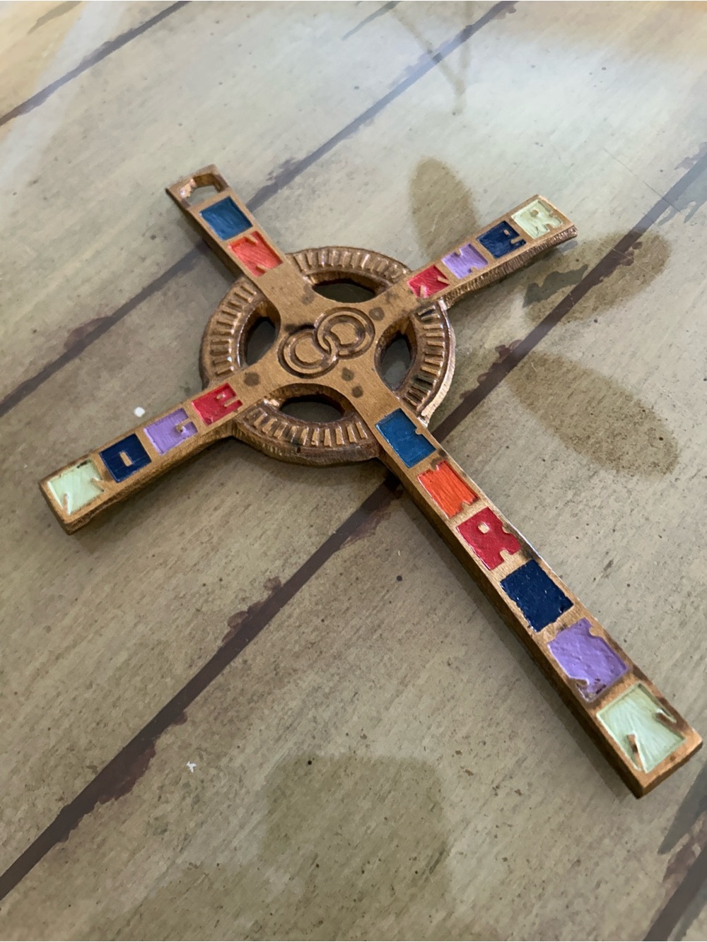 Colorful Enamel Cross Wall Decor 8 inches marked it back brass metal